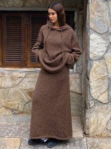 DAZY 2pcs Solid Color Loose Hoodie Sweater And Straight Skirt Set For Women,Fall Women Clothes - Brown - View 7