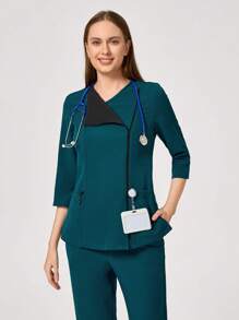 TaskEZ Women Contrast Color Trim With Pocket Top And Pants Pocket Front Zip Fitted Jacket Solid Long Sleeve Top & Pocketed Pants Healthcare Uniform Scrub Set - White - View 6