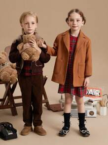 PrepCrw Young Boys Loose Fit Collegiate Style Brown Woven Jacket With Turndown Collar And Single-Breasted Design, Autumn/Winter - Khaki - View 4