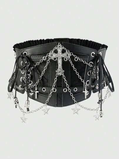 ROMWE Goth 1 pieza Accesorio de vestido gótico con decoración de cadena de encaje negro y calavera en forma de cruz para la cintura elástica de las mujeres para Halloween