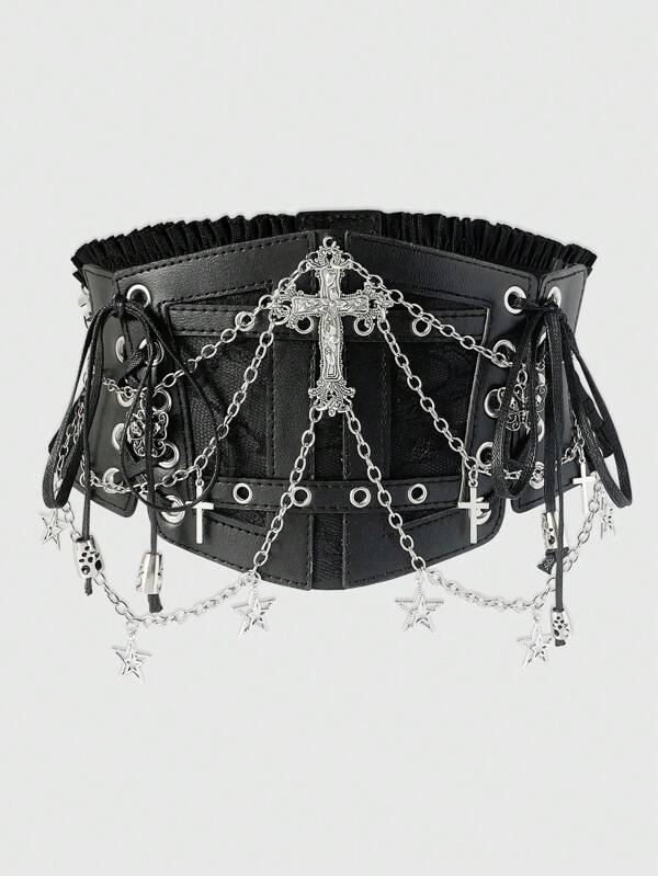 ROMWE Goth 1 Stück schwarzes Spitzen-Ketten-Schädel-Kreuz-Binden-Dekor elastischer Taillengürtel Goth Kleid Zubehör für Halloween