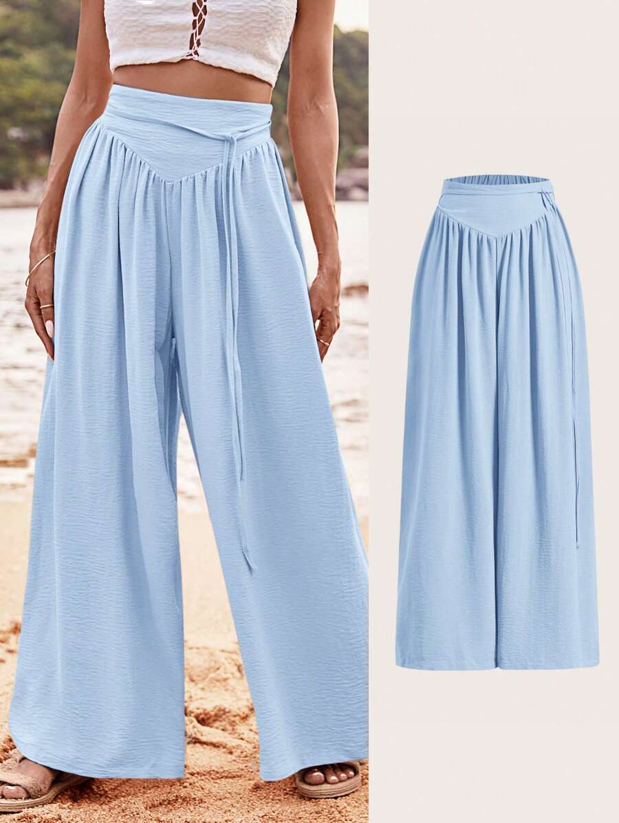 SHEIN VCAY Quần ống rộng xếp ly cạp cao màu trơn cho kỳ nghỉ dành cho nữ - Màu xanh nhạt - Xem 1