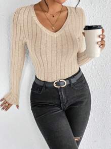 SHEIN Frenchy Camiseta básica de manga larga con cuello en V acanalado de color sólido sencillo para otoño
