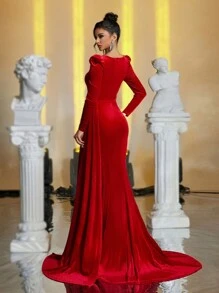 Glamrae Váy dự tiệc dài tay dài xẻ tà cao cổ vuông nhung đỏ thẫm thanh lịch, váy dạ hội, cho khách dự tiệc cưới, tốt nghiệp, tiệc tối - Đỏ - Xem 4