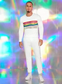 FeverCity 男士休闲彩虹条纹印花撞色网眼长袖 T 恤和长裤白色两件套，春秋