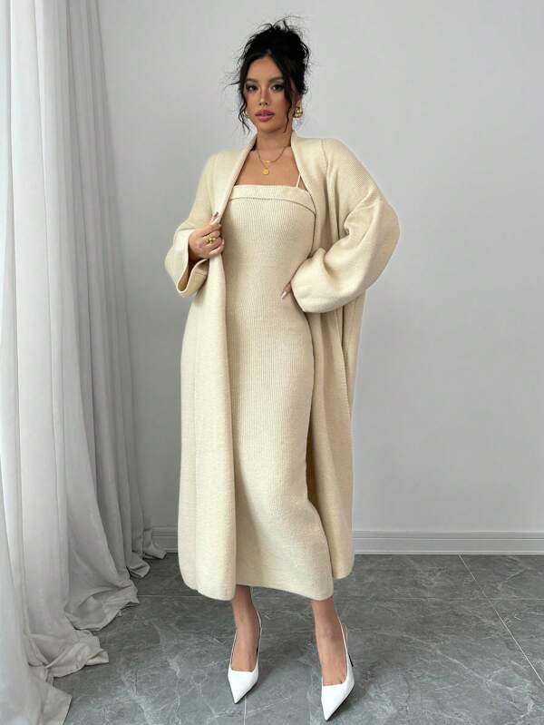 Rafferiza 2pcs Men's Solid Color Spaghetti Strap Minimalist Dress With Long Sleeve Jacket Casual Set Robe Largelong Sweater Dresspull Robewarm Dressmaxi Sweater Dress