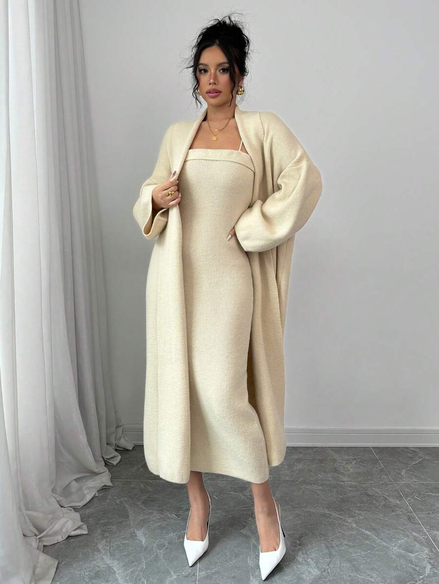 Rafferiza 2 chiếc váy nam màu trơn dây mảnh tối giản kèm áo khoác dài tay bộ thường ngày áo choàng lớn áo len dài váy áo choàng kéo váy áo len maxi - Màu be - Xem 1