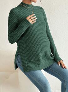 SHEIN Pregnant Women Plain Stand Collar Long Sleeve Split Hem Minimalist Top, Casual Everyday Wear, For Maternity