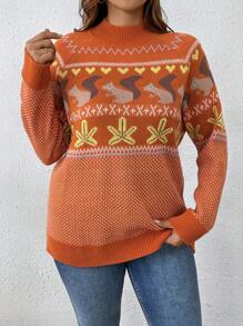 SHEIN LUNE Plus Size Women's Squirrel Pattern Crew Neck Raglan Sleeve Casual Pullover Sweater, Autumn/Winter Knit Pullover Fall Sweater - Orange - View 3