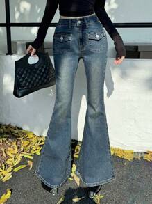 DAZY Women's Distressed Wash Pocketed Flared Leg Jeans - Medium Wash - View 9