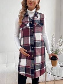 SHEIN Jaket Tanpa Lengan Kasual Kancing Depan Motif Kotak-kotak untuk Wanita Hamil, Untuk Ibu Hamil - Redwood - View 7