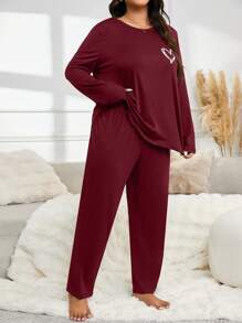 Minimalist Heart Print Long Sleeve Pajama Set - Red - View 5