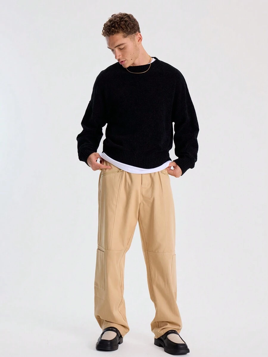 Musero Straight Leg Oversized Seam And Zip Detailing Pants Winter - Khaki - View 1