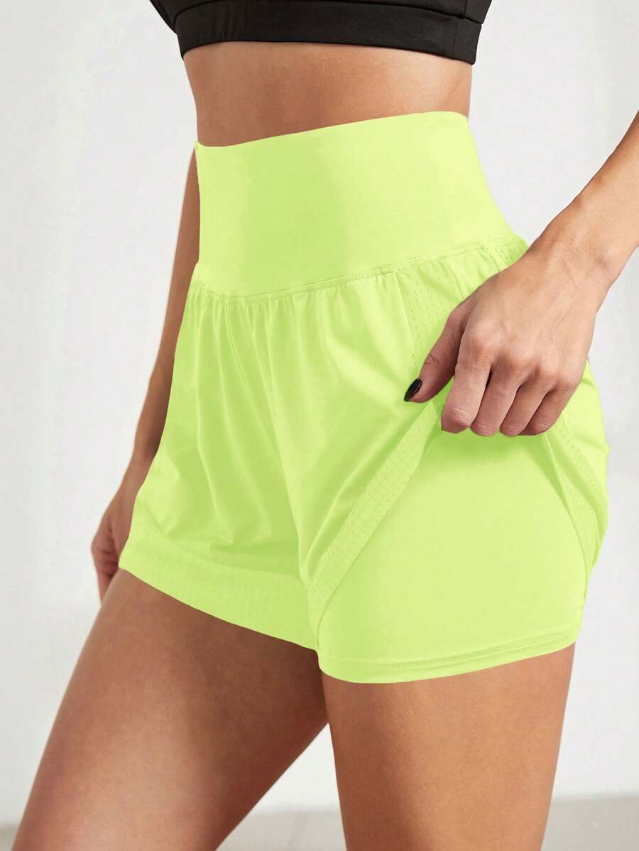 Gameset SHEIN Sport Quần short thể thao hai túi màu trơn dành cho nữ - Màu vàng - Xem 1