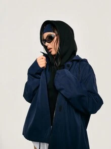 Athîral 女士纯色长袖前拉链宽松休闲夹克，秋季 - 藏蓝色 - 查看 4