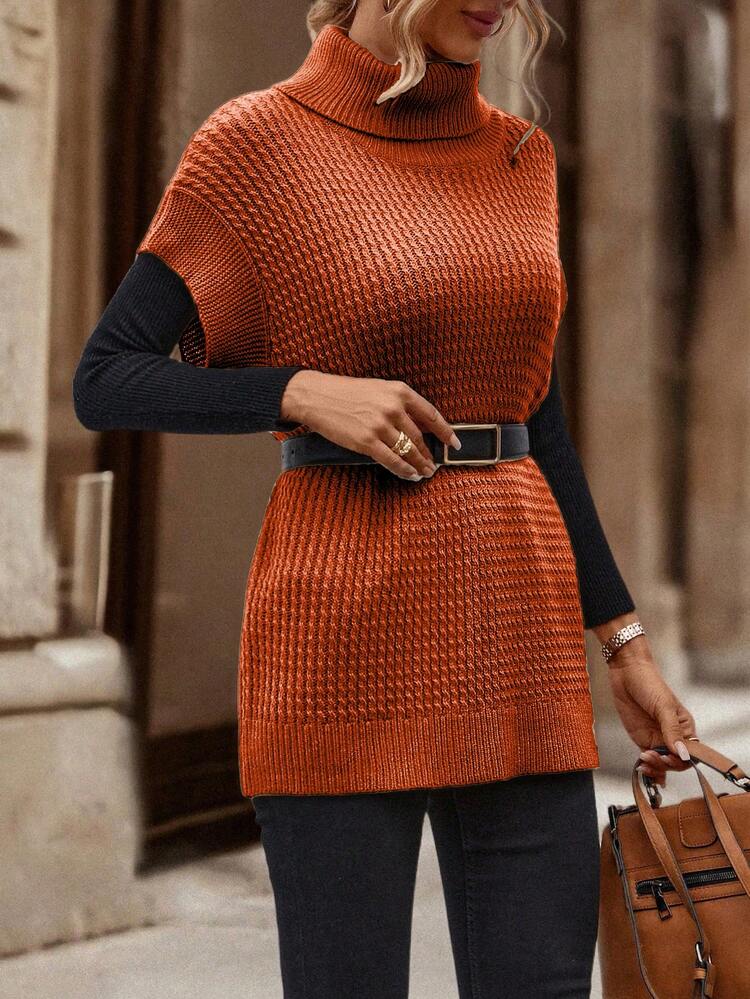 SHEIN LUNE Women Solid Color Turtleneck Ribbed Knit Casual Sweater Vest - Orange - View 3