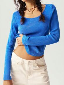 Bohemela Solid Color Round Neck Cutout Back Slim Fit Long Sleeve Casual Knit Tops For Women - Royal Blue - View 4