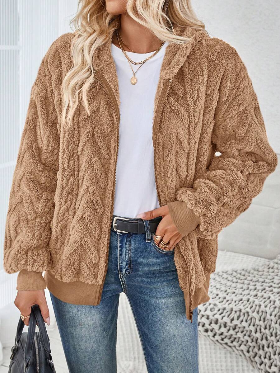 SHEIN LUNE 1 chiếc áo khoác dài tay có mũ trùm đầu màu xám có họa tiết lông mịn có khóa kéo - màu nâu - Xem 1