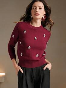 Anewsta 手工水晶丝绒通勤圣诞圆领长袖女式冬季毛衣