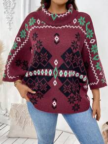 Plus Size Crew Neck Pattern Detail Minimalist Casual Pullover Sweater