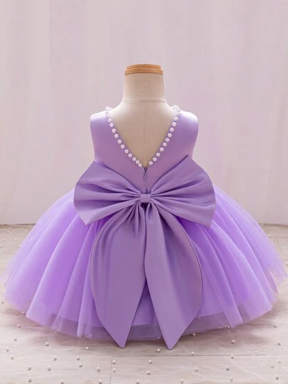 SHEIN Glamorique Kids Baby Girl Christmas Princess Dress, Dance Party Formal Dress, Flower Dress For Party&Wedding, Pink Tulle Puff Skirt, White Beaded V-Back Big Bow Princess Formal Dress Baby Purple Dress
