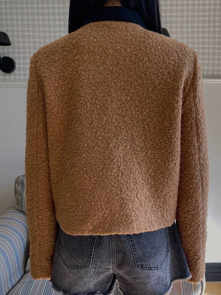 Color Block Collared Pocket Cropped Jacket, Casual Autumn/Winter,Fall Women Clothes