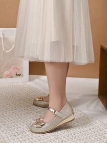 1 Pair Girls Shiny Gold Bowknot Decor Wedge High Heels, Suitable For Christmas Holiday - Gold - View 3