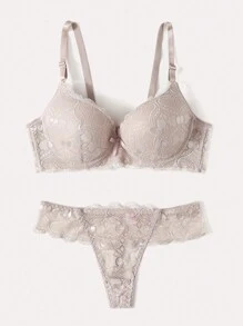 DelicateAllure Floral Lace Underwire Bra & Panty Lingerie Set - Khaki - View 3