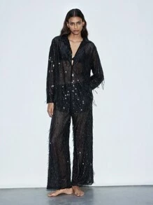 Maija 现代黑色亮片流苏松紧腰带透明亮片装饰派对俱乐部服装阔腿裤，时尚潮流，适合女性，春夏 - 黑色 - 查看 6