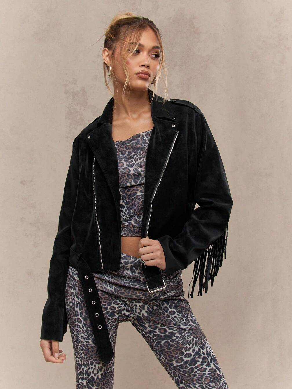 MISSGUIDED Designer Suede Fringe Detail Biker Moto Zip Up Jacket