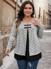 SHEIN LUNE Camiseta casual de manga larga con cuello redondo y botones con estampado de lunares para mujer de talla grande, ropa de otoño para tallas grandes