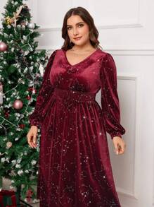 SHEIN Clasi Plus Size Solid V-Neck Sequin Patchwork Elegant Long Sleeve Christmas Party Dress - Burgundy - View 5