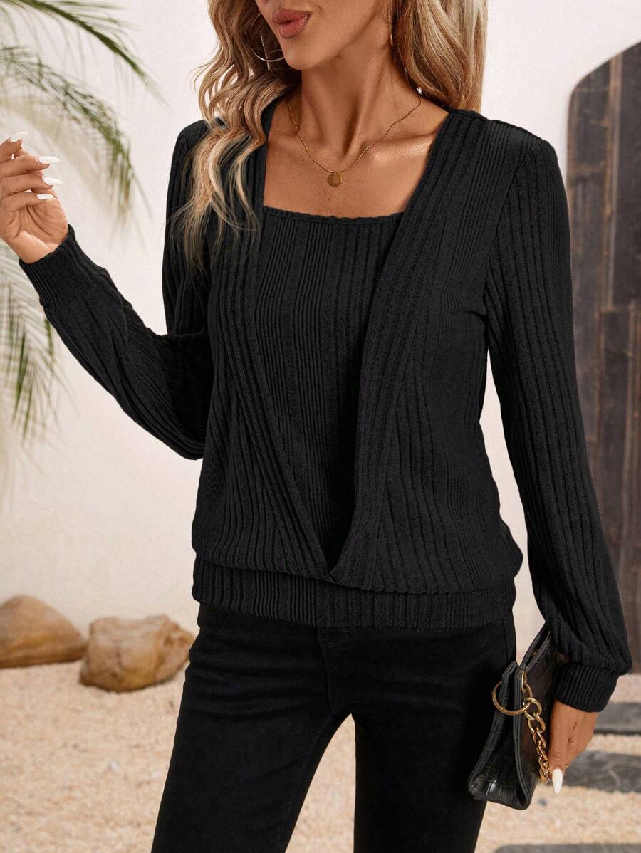 SHEIN Clasi 1 chiếc áo thun nữ cổ vuông dài tay đa năng 2 trong 1 - màu đen - Xem 1