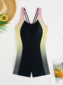 Swim SPRTY Seamless Ombre Print Patchwork Tankini Top, Non-Removable Cups, For Women Summer - Black - View 7