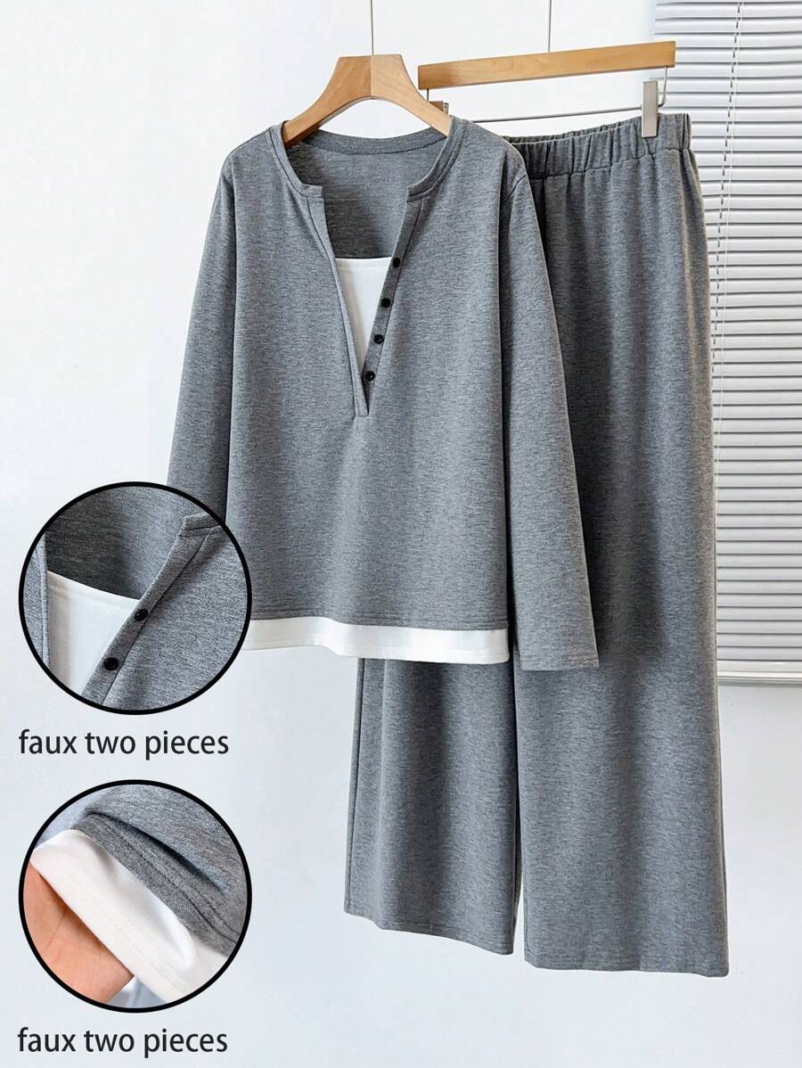 Plus Size Casual Patchwork Color Block 2 In 1 Sweatshirt & Pants Set, Autumn Fall Cloth For Women - Dark Grey - View 1