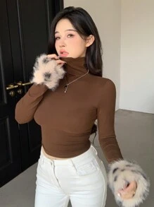 DAZY 豹纹蓬松拼接修身高领长袖 T 恤，女式秋季服装 - 棕色 - 查看 3