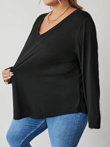 SHEIN CURVE+ Áo phông đen hở vai dài tay rộng rãi thoải mái cho mùa thu đông cỡ lớn dành cho nữ, Áo phông cỡ lớn cho nữ, Trang phục, Trang phục mùa thu, Áo bất đối xứng, Áo nữ, Áo có tay, Quần áo mùa thu, Áo dễ thương, Áo cong, Áo rộng thùng thình - màu đen - Xem 4