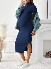 SHEIN Maternity Knit Midi Long Sleeve Dress, High Collar Fitted Knee-Length Pregnancy Long Sleeve Dress, Pregnancy Dress, Autumn/Winter