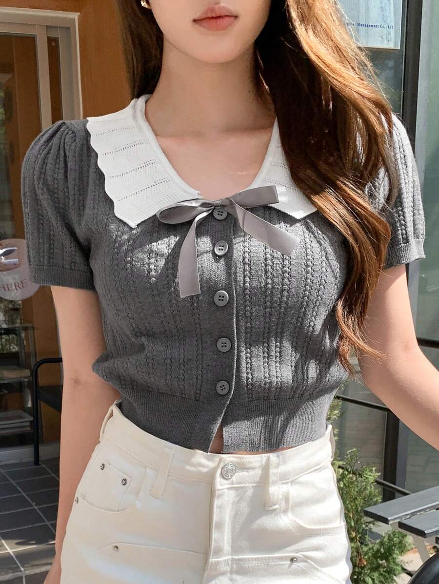 DAZY 1件女式短袖拼色开衫秋季 - 灰色 - 查看 1