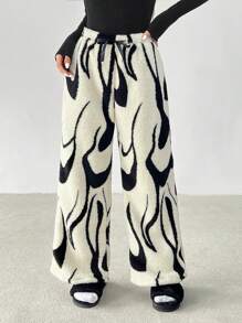 SHEIN PETITE Pantalones anchos y sueltos de pierna ancha con cintura de lazo y estampado de cebra casuales para mujer