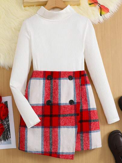 SHEIN Teen Girls 2pcs/Set White Ribbed Turtleneck Long Sleeve Top & Red Plaid Asymmetric Button Decor Skirt Casual Christmas Holiday Party Outfit