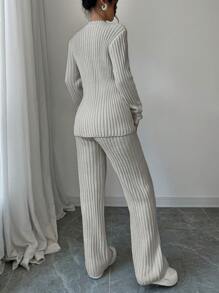 Elenzga 女士 2 件套 - 休闲纯色立领修身罗纹针织毛衣和直腿针织裤 - 淺灰色 - 查看 2