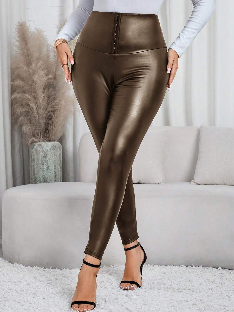 SHEIN Clasi 大码女式纯色 PU 皮革高腰前按扣紧身裤