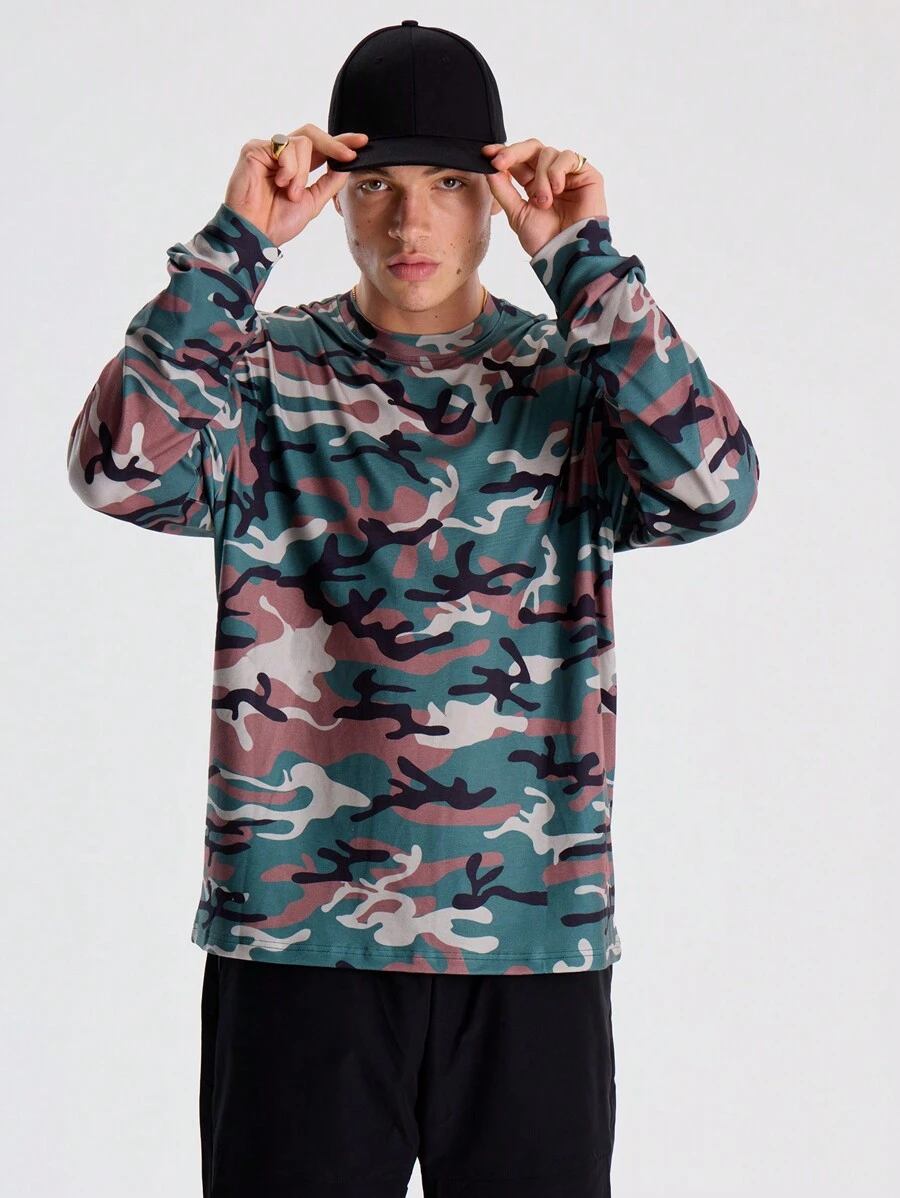 Musero Camo All Over Print Crew Neck Long Sleeve Tshirt Top Autumn Winter Essentials - Multicolor - View 1