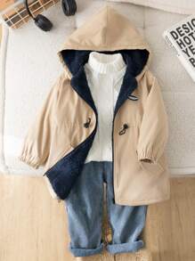 SHEIN 1 pieza Chaqueta con capucha, cintura con cordón, forra térmica gruesa, estilo informal y lindo para niños pequeños, adecuada para viajes, escuela, otoño e invierno