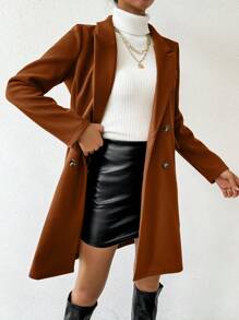 SHEIN PETITE Autumn Outdoor Notched Collar Double-Breasted Overcoat - Mocha Brown - View 3