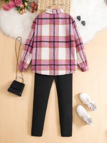 SHEIN TEENgirl Plaid Pink Jacket With Black Leginsy Swobodny strój szkolny/uliczny, powrót do szkoły