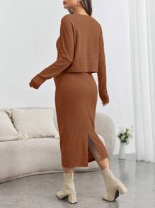 SHEIN 孕妇两件套，长袖上衣搭配修身半身裙，腰部可调节，适合秋冬季穿着 - 鏽棕色 - 查看 2