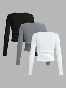 SHEIN EZwear 3 件装纯色薄羊毛褶皱腰基本款女式 T 恤 - 彩色 - 查看 2