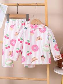 2pcs Baby Girl Comfy Casual Allover Print Donut Pattern Long Sleeve Top & Pants Homewear Set,Summer Travel - Multicolor - View 2